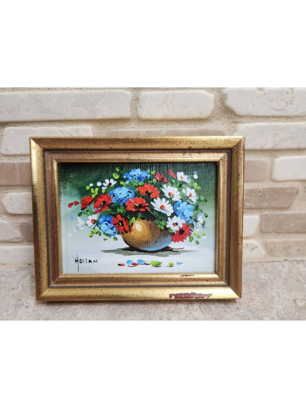 Signed Original Vivian Hollan Vintage Floral Still Life Painting Gold Frame